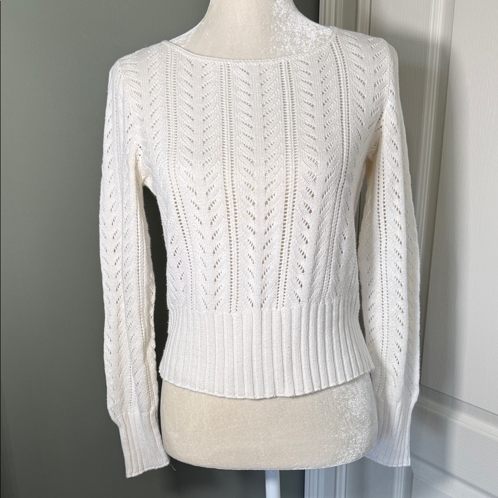 New York & Company White Pointelle Knit Sweater Size Small 100% Cotton Made USA